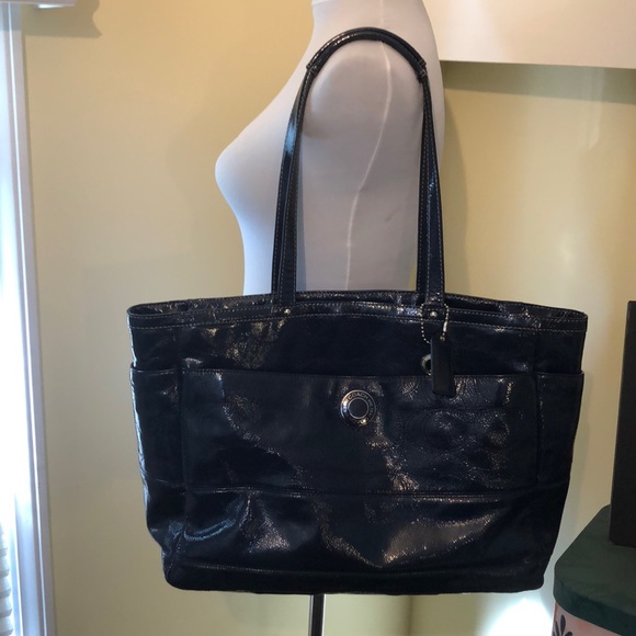 Coach Navy Patent Leather Logo Shoulder Bag - Picture 2 of 12